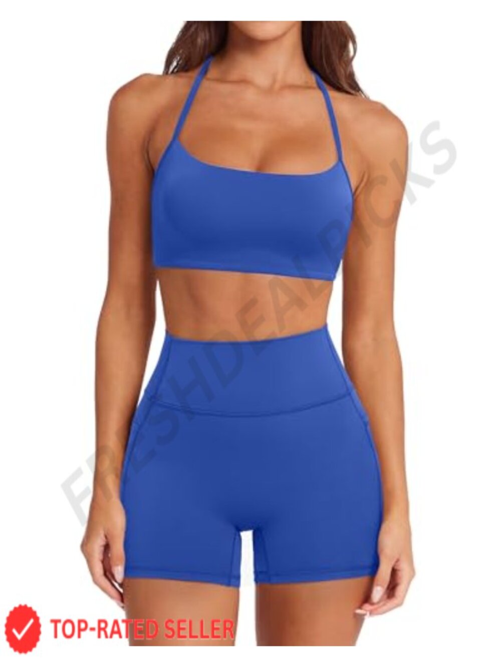 Two Piece Workout Set Padded Halter Sports Bra High Waisted Biker Shorts Pockets